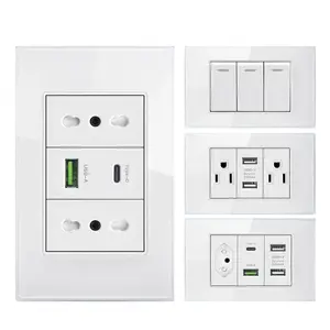 Italy Chilean Socket with Usb Type C 20W,US Brazil Thai Plug for Quick Charging Wall USB C Power Outlet Glass Light Switch Panel