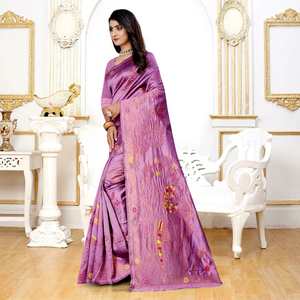 <b>Purple</b> Silk <b>Saree</b> with Floral Embroidery Women India Pakistan Traditional Party Wedding Wear Regular Fit Floor Length Quick Dry - Product Image 1