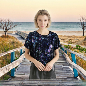 Camiseta de Lentejuelas Personalizada para Mujer, a la Moda, para Fiestas, Corta, Tejido Transpirable, con Decoración de Logotipo, para Verano - Product Image 3