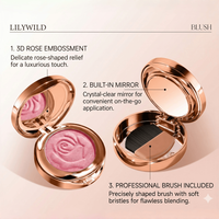 Rubor Mineral de Alta Pigmentación con Logotipo Personalizado al por Mayor, Color Oro Rosa, Espejo Compacto con Brocha, Marca Privada, Vegano, con Relieve 3D de Rosa