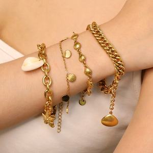 Pulsera de Acero Inoxidable Chapada en Oro de 18K al por Mayor, Estilo Veraniego de Playa, con Conchas y Estrellas de Mar, Joyería de Moda, Pulsera de Eslabones Cubanos Gruesos - Product Image 3