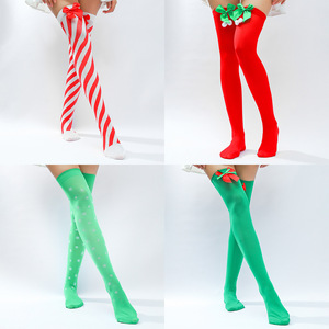 Christmas Thigh High Stockings <b>Red</b> Green Striped <b>Bow</b> Women Costume Props - Product Image 1