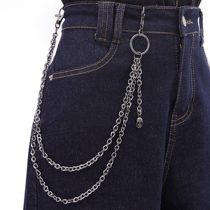 yueli European American Punk Style Double Layer Metal Chain Waist Chain Gunmetal <b>Skull</b> Pendant Pants Chain Daily Wear Zinc Alloy - Product Image 1