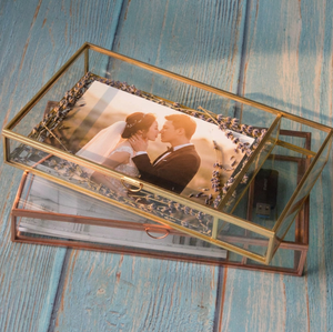 4*6 Gold Red Brass Glass <strong>Box</strong> with USB Space for <strong>Vintage</strong> Postcard Photo Letter Wedding Invitation Memory Card Ring Bearer Display - Product Image 2
