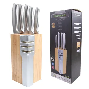 Modern kitchen knife set color box, silver hollow handle stainless steel sharp knife with wood block and knife sharpener
