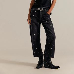 Jeans de punto de cintura alta, rectos, transpirables, casuales, de lavado claro, con bordados y detalles de agujeros, estilo Deep Trance Shine - Product Image 1