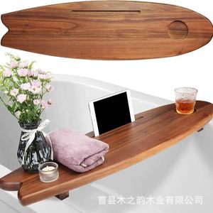 Estante de madera maciza para bañera, forma de tabla de surf, 60x70cm, estante de baño multifuncional montado en la pared para teléfono, tableta y bebidas - Product Image 2