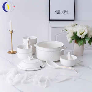 White Ceramic Stockpot Set with Lid Phnom Penh Design Heated Gold Rack Embossed Elegant <b>Dinnerware</b> - Product Image 3