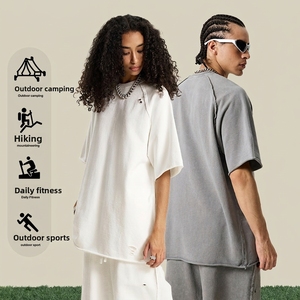 T-shirt en molleton batik délavé style rétro américain pour homme, collection été 2025, uni, effet vieilli, manches courtes, coupe ample, grande <span class=keywords><strong>taille</strong></span> - Product Image 4