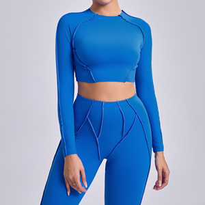 Aoyema abbigliamento sportivo da donna nuovo stile di vendita di moda Soft <span class=keywords><strong>Fitness</strong></span> Skinny Cropped <span class=keywords><strong>Top</strong></span> tinta unita elasticizzato Yoga manica lunga da palestra - Product Image 3
