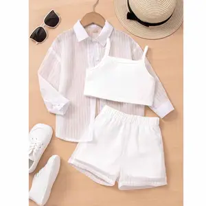 Daily Wear Girls Summer Sets Casual Sheer Shirt Shorts Vest 3Pcs Set Girls Clothing Sets For Skin Care Clothes For Baby Girl