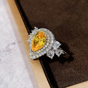 Anillo de Cóctel para Mujer F1106, Citrino Natural en Forma de Pera, Engaste Pavé, Diseño Floral, Anillos de Compromiso de Moda - Product Image 3