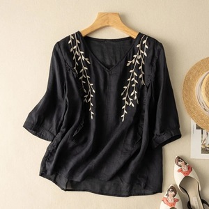 Women's Embroidered Cotton Linen Top Loose Fit Three Quarter Sleeves Vintage Style Casual Blouse Breathable Summer Wear - Product Image 5