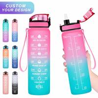 Nouvelle bouteille en plastique de grande capacité 1000 ml, couleur dégradée, avec échelle graduée et paille, pour sports de plein air