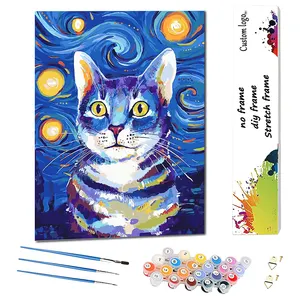 40 x 50厘米成人星夜猫无皱纹亚麻帆布刷亚克力油漆猫按数字绘制