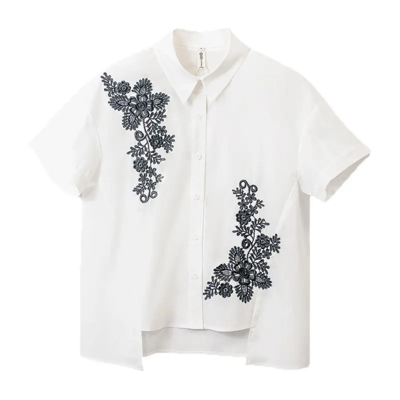 Summer Asymmetric Hem Short Sleeve Floral Applique For Women Ladies Cotton Poplin Cropped Shirt Blouse Top Blusas Mujer De Moda