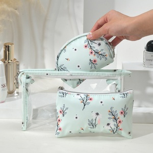 Floral Print Three-Piece Zipper Closure Casual Waterproof Makeup Bag Set PVC <strong>Travel</strong> Portable Everyday Use <strong>Washbag</strong> - Product Image 3