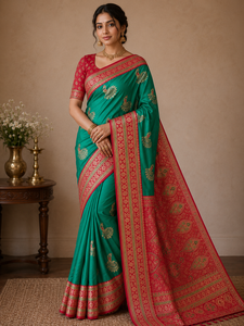Soft Texture Green Silk <b>Saree</b> With Peacock Embroidery <b>Red</b> Border with Blouse Material For Wedding And Festival Wear - Product Image 4