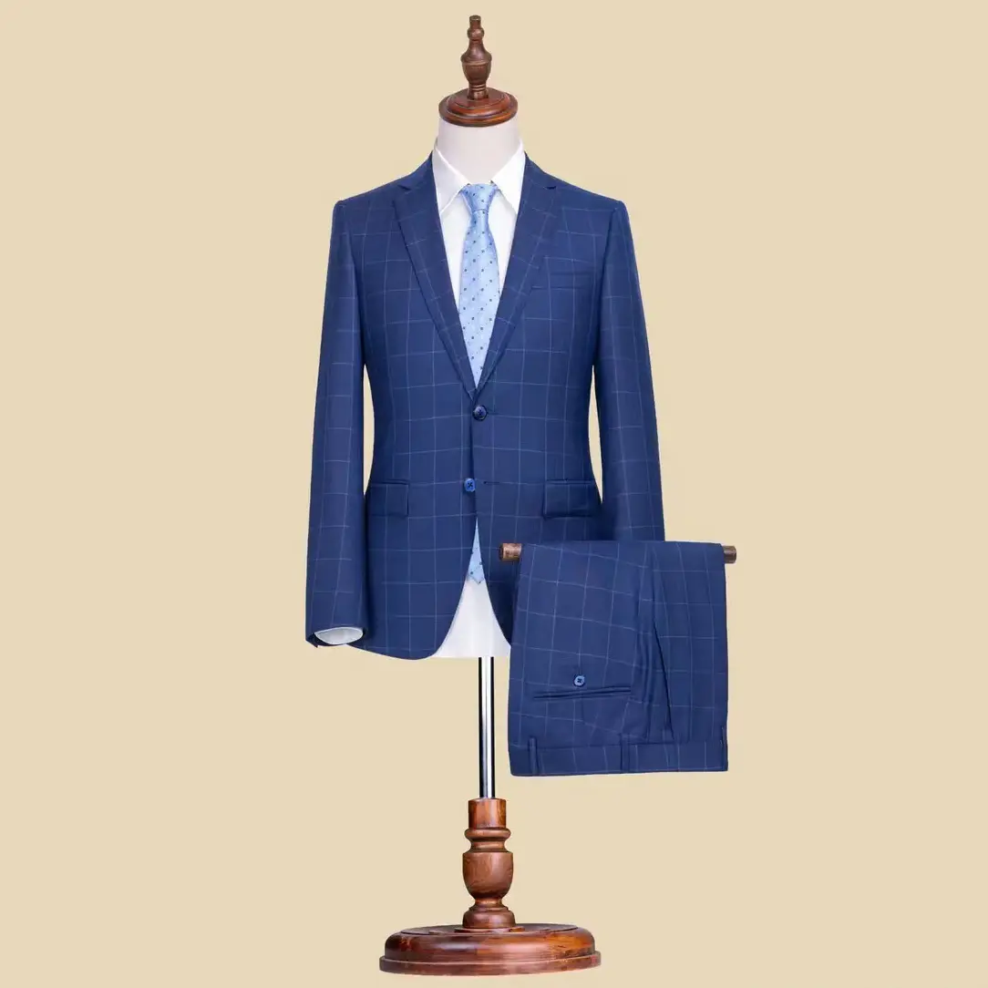 फैशन हाथ से सिलवाया गया कस्टम मेड नीला सूट, पुरुषों का कोट पैंट शादी की तस्वीर के साथ दूल्हे के शादी का सूट डिजाइन करता है