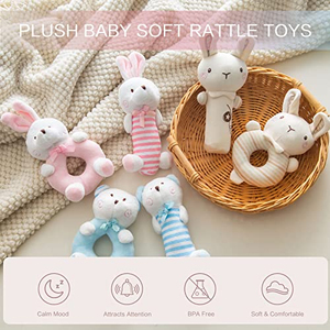 Jouets à hochet pour bébé, jouets de lit en peluche lapin de dessin animé, jouet éducatif pour nouveau-né, clochettes à main lapin et ours - Product Image 4