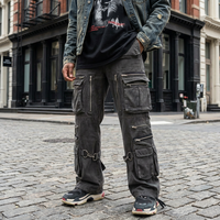 Pantalon cargo évasé taille haute pour homme, en coton délavé à l'acide, 380 grammes, avec plusieurs poches et fermeture éclair, pour l'escalade, la randonnée en extérieur, le hip-hop et le streetwear