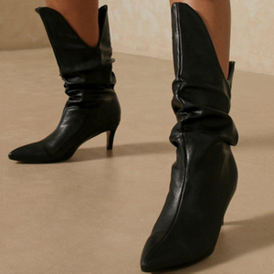 Western Style <b>Slip</b>-<b>on</b> Half Knee High Women <b>Boots</b> Stiletto Heels Slang Cut Sexy Casual Winter Shoes Midi Calf Size 43 - Product Image 3