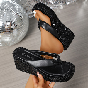 Sandales compensées à plateforme à bout pointu pour femme, sandales à talons moyens transparents, sandales à paillettes pour femme - Product Image 6