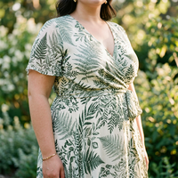 Robe longue sur mesure grande taille pour femme, imprimé vert fougère argenté, en mousseline, col en V, coupe portefeuille, longueur ras du sol, élégante, du NZ 14 au 28