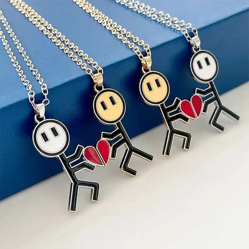 2PCS Tiny Person Broken Heart Couple Magnetic Necklace Lovers Heart Pendant Distance Faceted Charm Necklace Valentine Day Gift