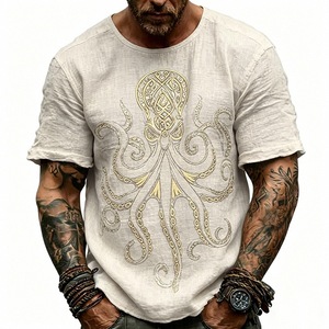 <span class=keywords><strong>Camiseta</strong></span> de manga corta con estampado de pulpo <span class=keywords><strong>celta</strong></span> vintage para hombre, <span class=keywords><strong>camiseta</strong></span> informal de mezcla de lino con cuello redondo, tops de playa de verano - Product Image 5