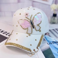 Gorra de béisbol de moda para mujer con lentejuelas, pedrería y abalorios, diseño de mariposa brillante estilo Kpop