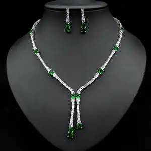 Bright and Elegant Temperament Dinner Dance Accessories Full Copper Zircon Shining Quality Necklace Earrings Bridal Jewelry Set