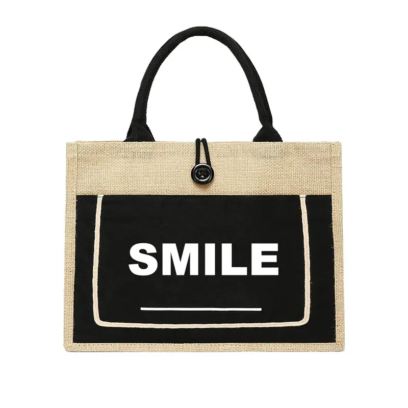 Eco laminated jute canvas bag burlap reusable linen beach bag canvas shopping tote bags with custom logo