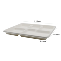 Bandeja de Almuerzo de Bagazo de 5 Compartimentos Libre de PFAS, 260x210mm, Bandejas Desechables Compostables BPI para Preparación de Comidas en Comedores Escolares