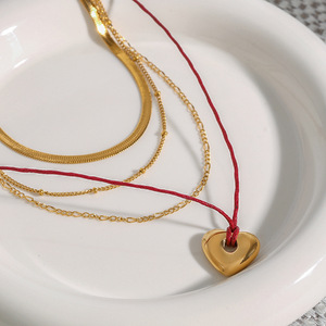 Four Layer Necklace 18K Gold Stainless Steel Blade Chain Flat Bead Chain Waxed Thread Heart Pendant Everyday Wear Unisex - Product Image 2