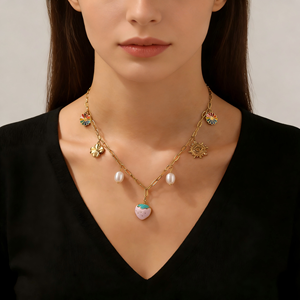 Collar de Acero Inoxidable con Colgante de Corazón de Fresa y Goteo de Aceite, Chapado en <span class=keywords><strong>Oro</strong></span>, con Perla de Girasol y Múltiples Colgantes, Joyería al por Mayor - Product Image 1