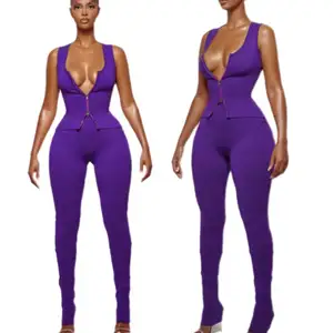 OEM clothing manufacturers custom wholesale cotton ribbed knit violet zip up tank top and legging two piece yoga women's sets