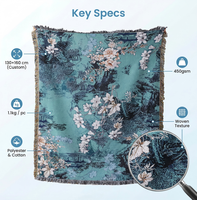 Selimut Tapestri Rumah Rajutan Jacquard Motif Bunga Chinoiserie Botanical Teal dari Katun Poliester Ramah Lingkungan Berkualitas Tinggi dengan Rumbai