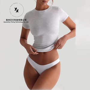 T-shirt personnalisé par le fabricant, 95% coton, 5% élasthanne, t-shirt pour femme, crop top, manches courtes, ajusté, compression, sport, gym - Product Image 3