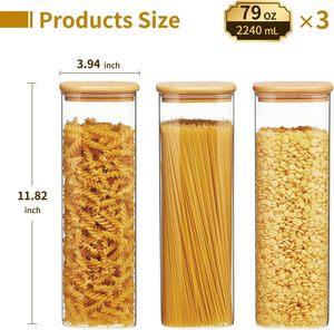 Modern 50oz Glass <b>Containers</b> for Food Storage Bin Square Wooden <b>Bamboo</b> Lid Eco-Friendly Kitchen Pantry Party Custom Logo - Product Image 2