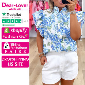 Dear-Lover Wholesale Blue Floral Print Ruffle Sleeve <strong>Frilly</strong> Button up Women <strong>Shirt</strong> - Product Image 1