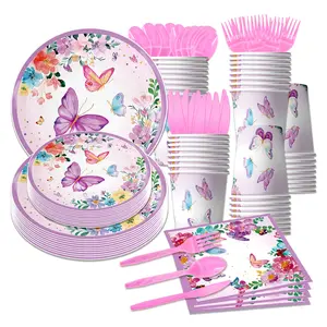 어린이 생일 파티 식기 종이 접시 수건 컵 식탁보 장식 용품에 대한 핑크 보라색 나비 테마