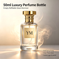 Flacon de parfum en verre transparent 50 ml avec pompe pulvérisatrice or mat, calibre 15 mm, atomiseur de parfum vide rechargeable, crème pour le visage, soin de la peau