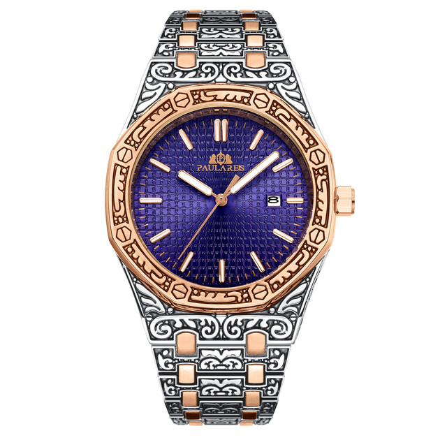 Paulareis Men Carved Antique Vintage Luminous Rose Gold Yellow Gold Silver 2 Tones Fashion Blue Classic Quartz Luxury Watch