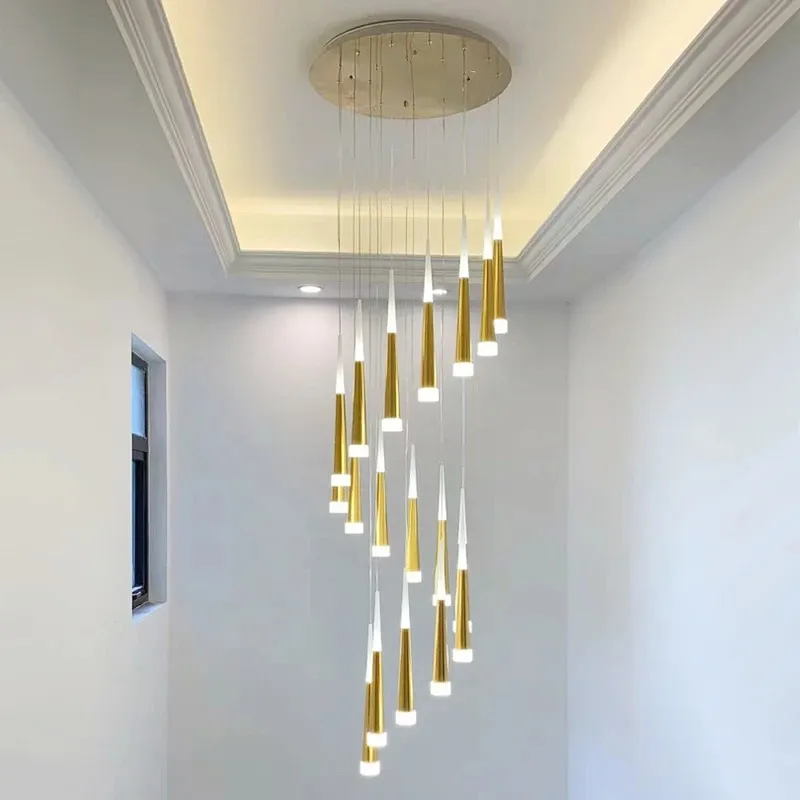 LED Kronleuchter Gold/Schwarz/Weiß/Kaffee/Silber Treppe Lange Pendel leuchte Duplex Gebäude Villa Dachboden Verstellbare Hängelampe