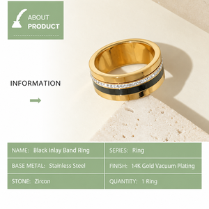 แหวนสแตนเลสสตีลชุบทอง 14K สีดำประดับเพชรซิร์คอน ดีไซน์วงกว้างตัดสี - Product Image 2