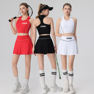 Set 2 potong pakaian tenis untuk wanita, Set rok Padel Golf kerah lipat motif garis warna kontras, Set pakaian tenis menyerap keringat - Product Image 1