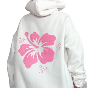 Custom Oversized <b>White</b> <b>Hoodie</b> <b>Women</b> Heavyweight Fleece Pullover with Pink Terry Chenille Flower Embroidery Back Design - Product Image 2