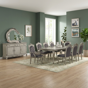 Juego de Comedor Americano de Lujo en Madera Plateada - Mesa Rectangular, 8 Sillas Tapizadas, Aparador con Tallados Ornamentales, Espejo Antiguo - Product Image 3