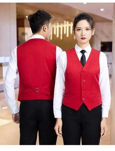 Venta al por mayor logotipo personalizado camarera uniforme Unisex botón chaleco para supermercado empleado chaleco Hotel asistente trabajo <span class=keywords><strong>traje</strong></span> <span class=keywords><strong>formal</strong></span> chaleco - Product Image 6